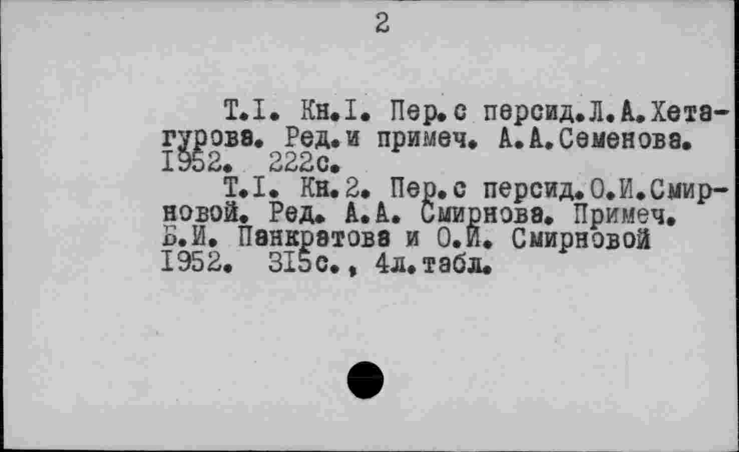 ﻿2
T. І. Кн.І. Пер. с персид.Л.А.Хета-гурова. Ред.и примеч. A.à.Семенова. 1952. 222с.
Т.І. Кн.2. Пер.с персид.0.И.Смирновой. Ред. А. А. Смирнова. Примеч. Б.И. Панкратова и О.И. Смирновой 1952. 315с., 4л.табл.